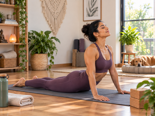 Woman practicing yoga as part of a daily home routine