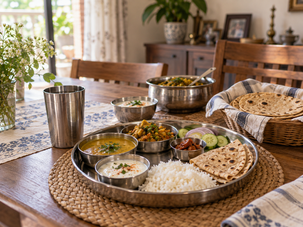 Authentic home-cooked Indian meal on a table