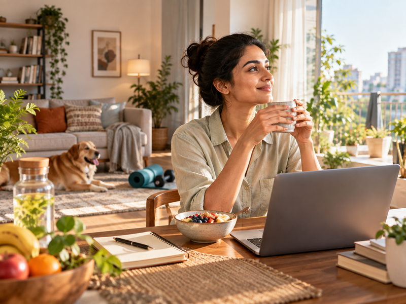 Indian adult in a calm everyday home setting, with subtle cues of movement and a normal daily environment