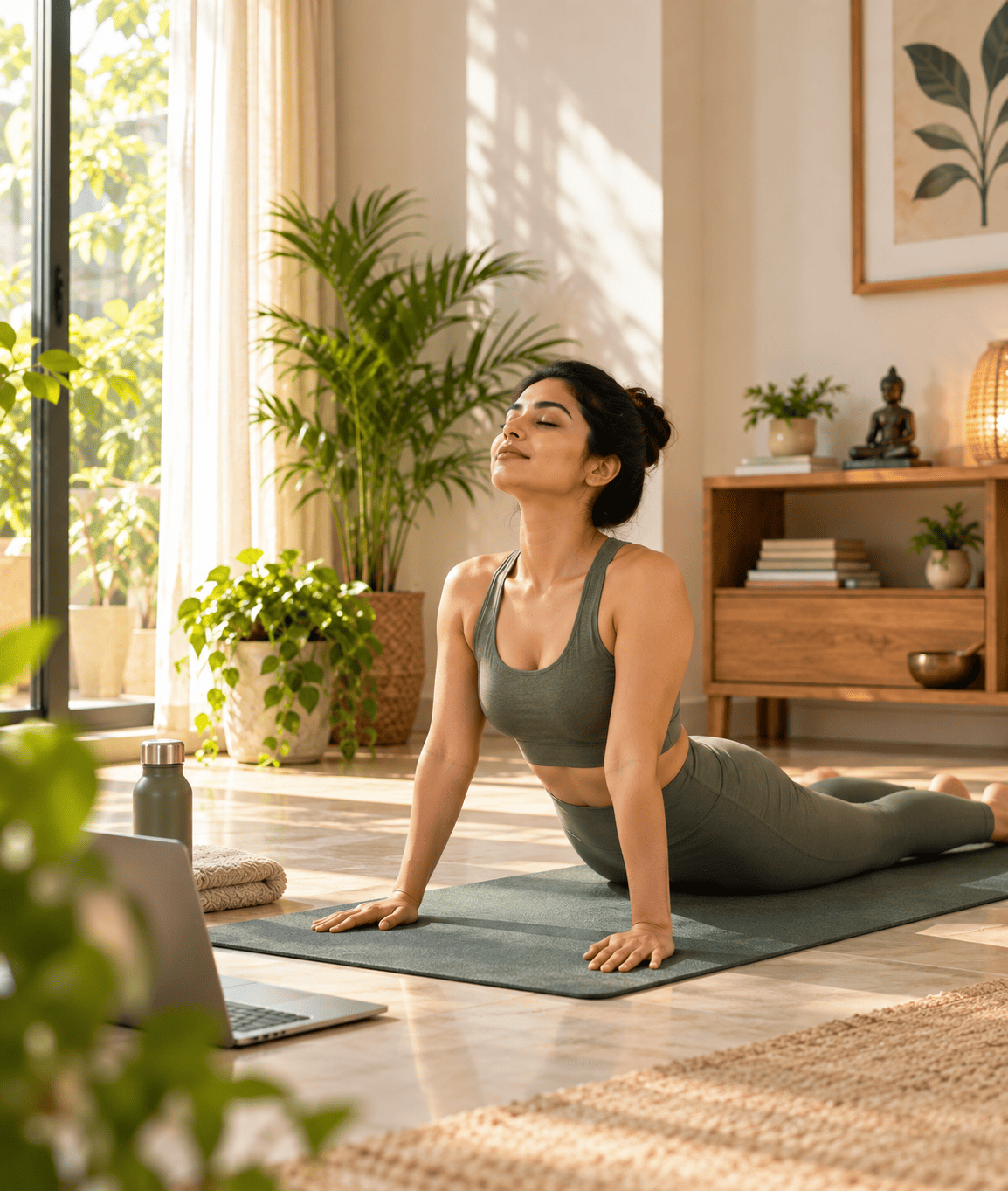 Yoga practice in a calm home environment
