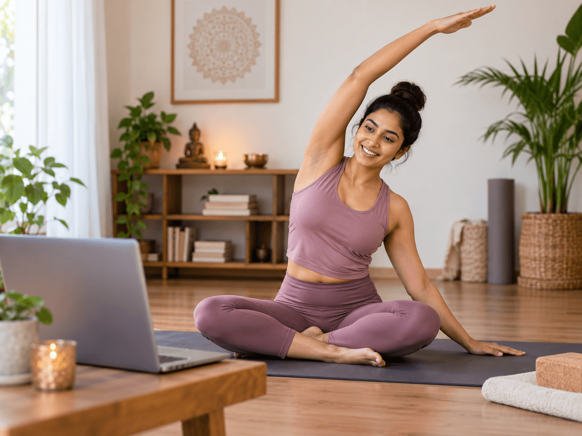 Indian yoga practitioner in a refined home environment communicating live guided yoga