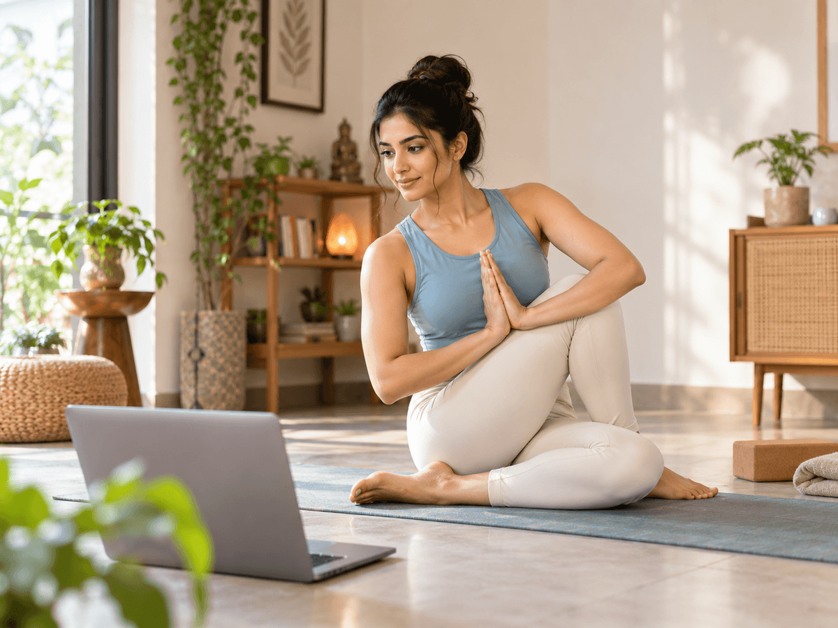 Minimal Indian home setting with practitioner and yoga mat
