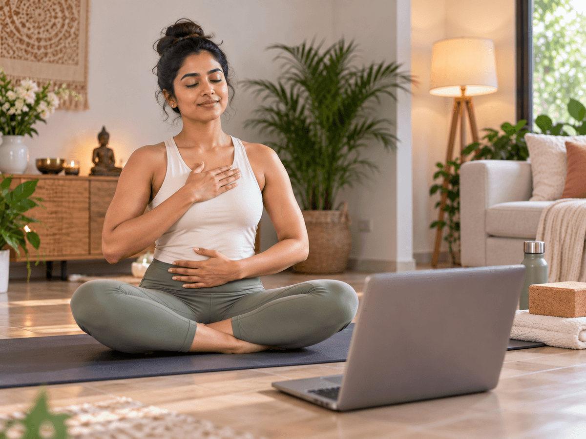 Realistic online yoga practice from home showing an engaged practitioner following guidance