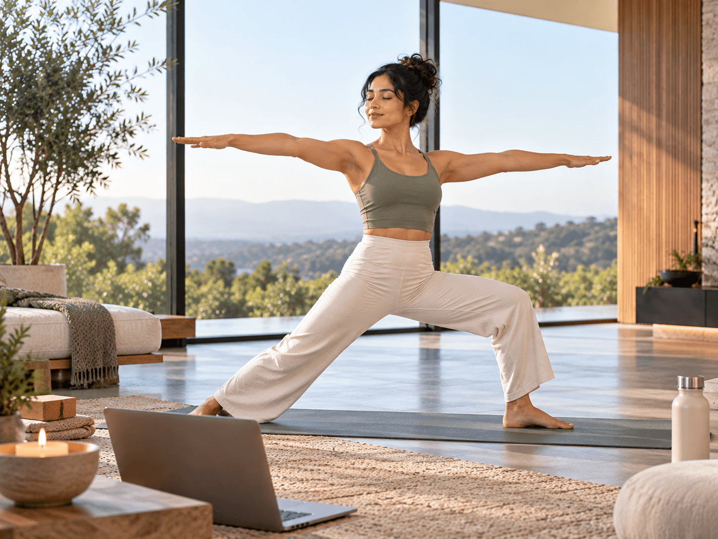 Elegant Indian woman practicing yoga in a calm, beautiful home environment