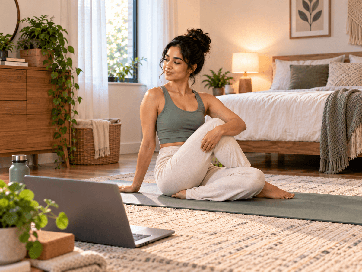 Beautiful minimal home yoga setting with Indian practitioner, natural light