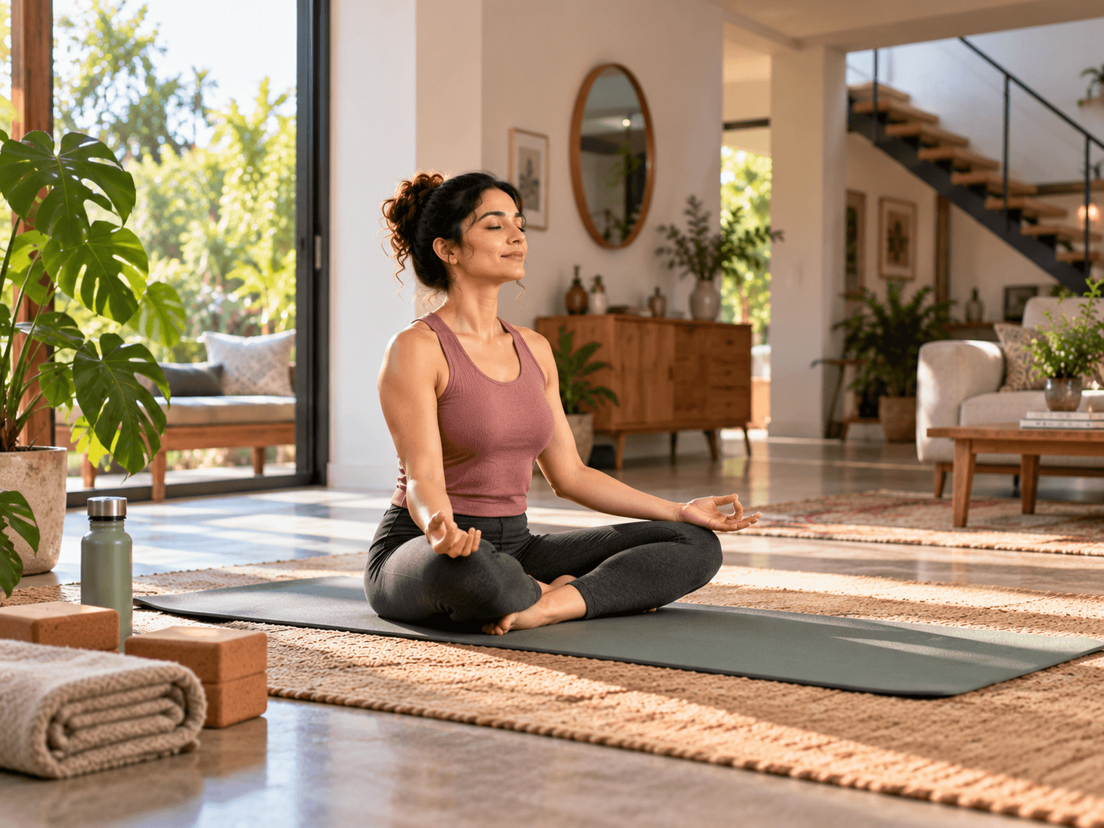 Woman practicing yoga at home in a bright modern room