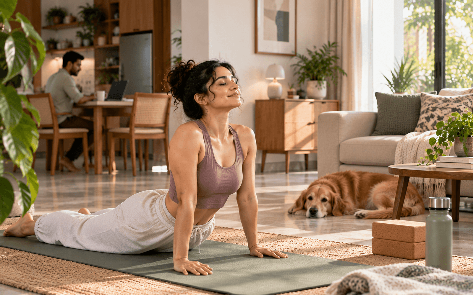 A lifestyle wellness scene showing a calm home yoga practice space