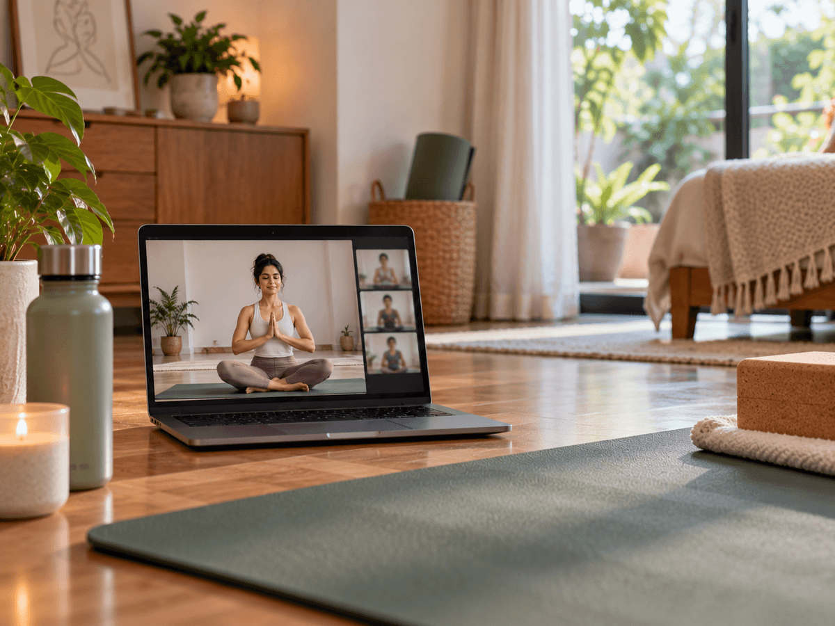 Teacher leading a live yoga class from home