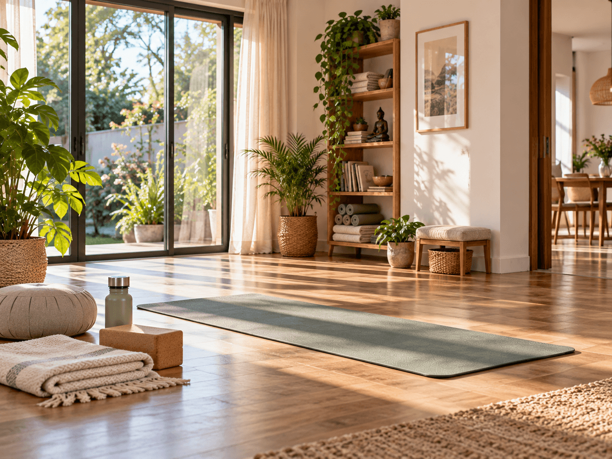 A modest, practical, and uncluttered home yoga space