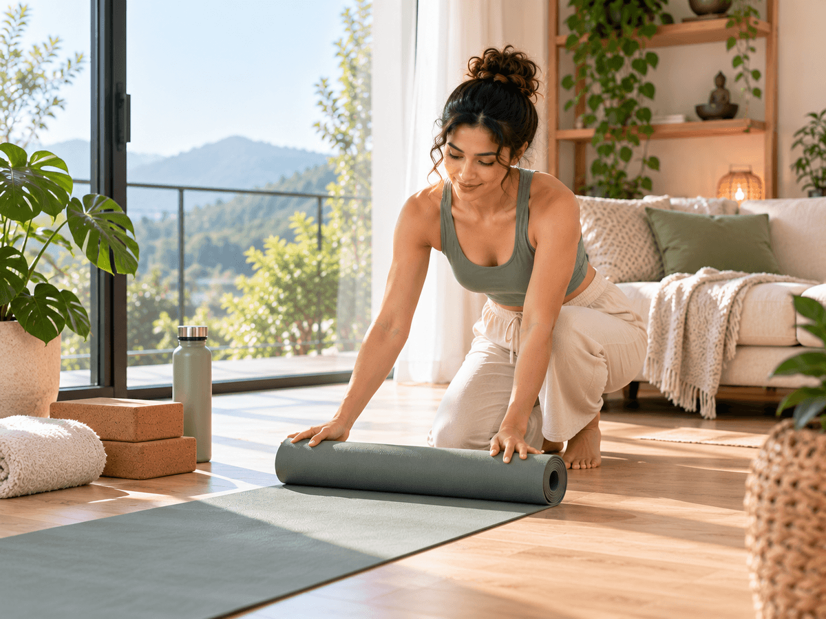 A beginner preparing a yoga mat and creating a small practice space