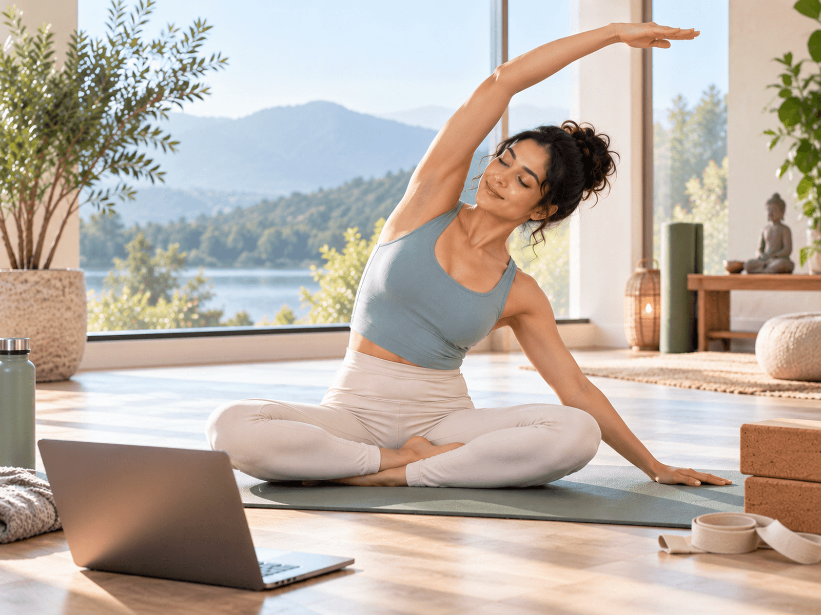 An Indian adult preparing for or doing a simple beginner yoga movement in an elegant home setting
